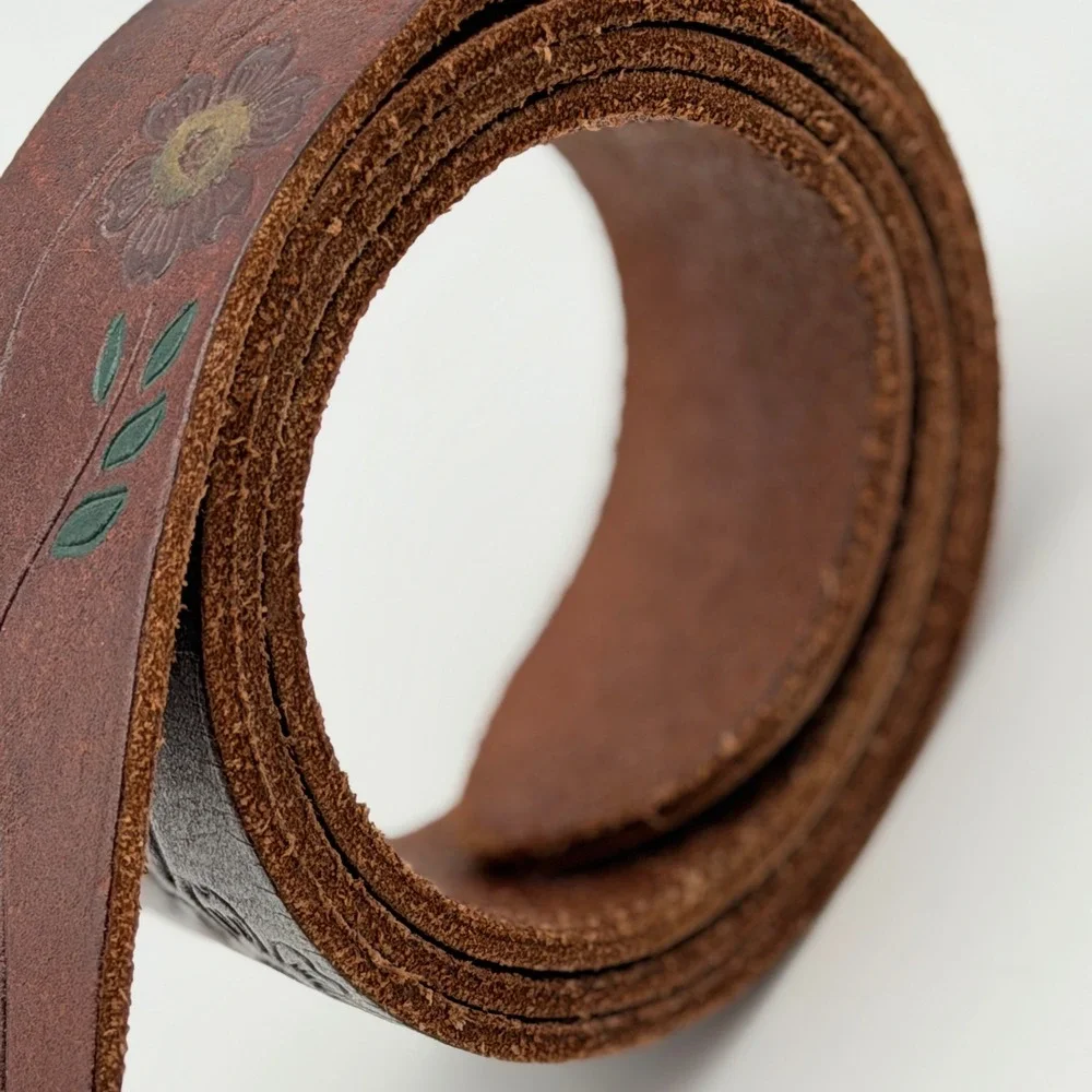 Brown Leather Floral Embossed Belt Silver Tone Buckle Western Boho Hand Painted